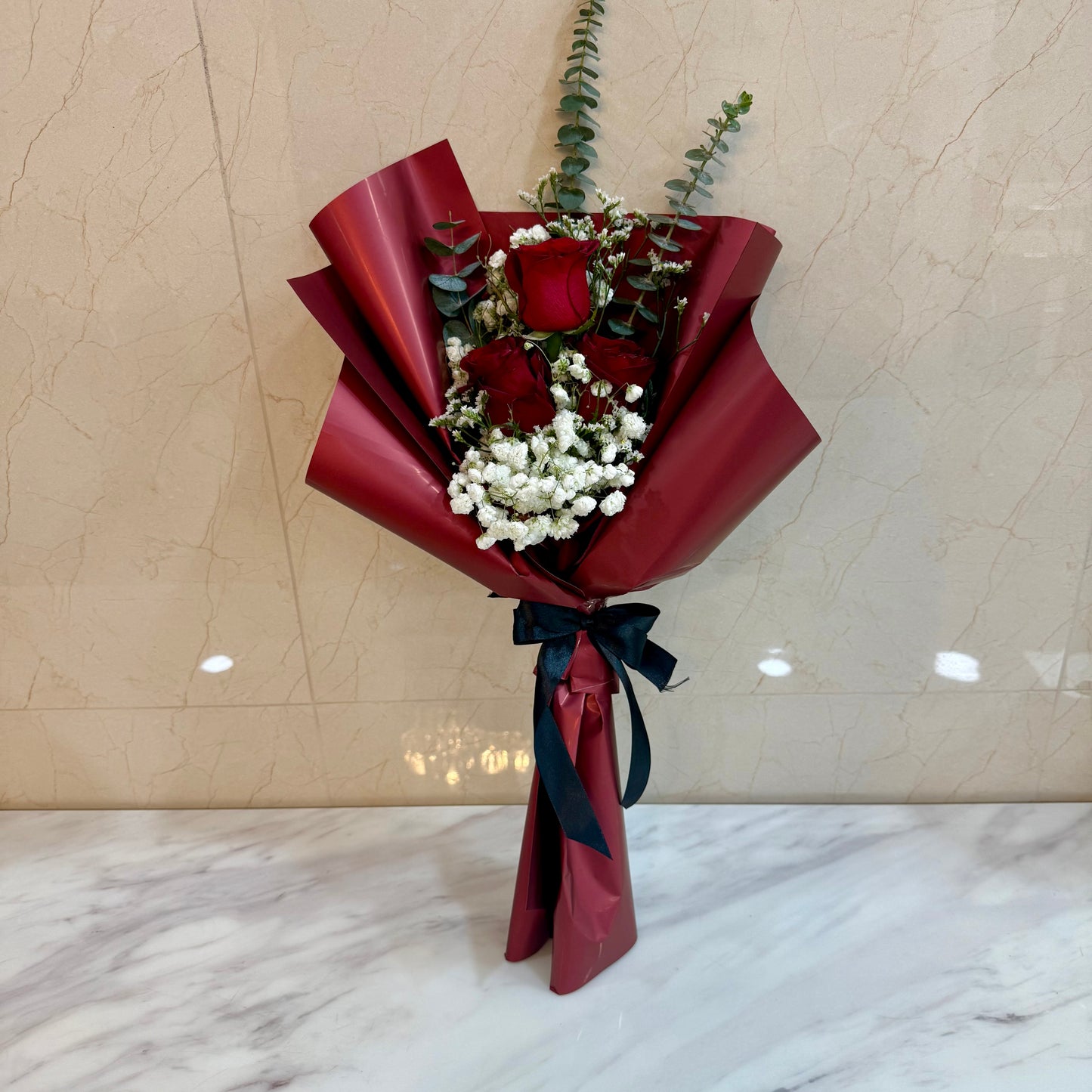 ช่อกุหลาบสด 3 ดอก Wine Red