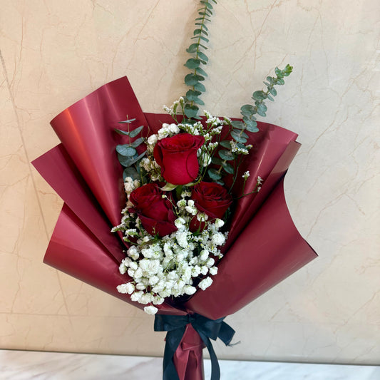 ช่อกุหลาบสด 3 ดอก Wine Red
